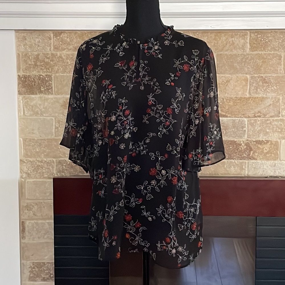 Sheer floral top | Michel Studio Collection | Black and red | Size 12.| NWT